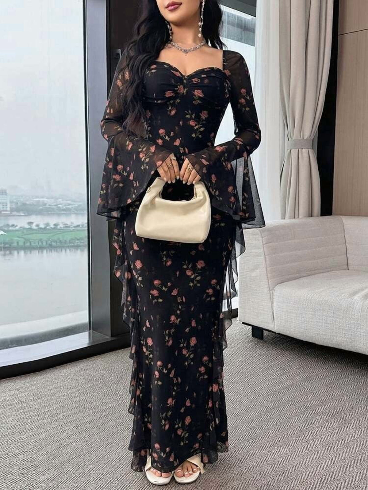 thumbnail image 5 of Black Floral Print Long Dress with Flare Sleeves and Ruffle Hem, 5 of 6