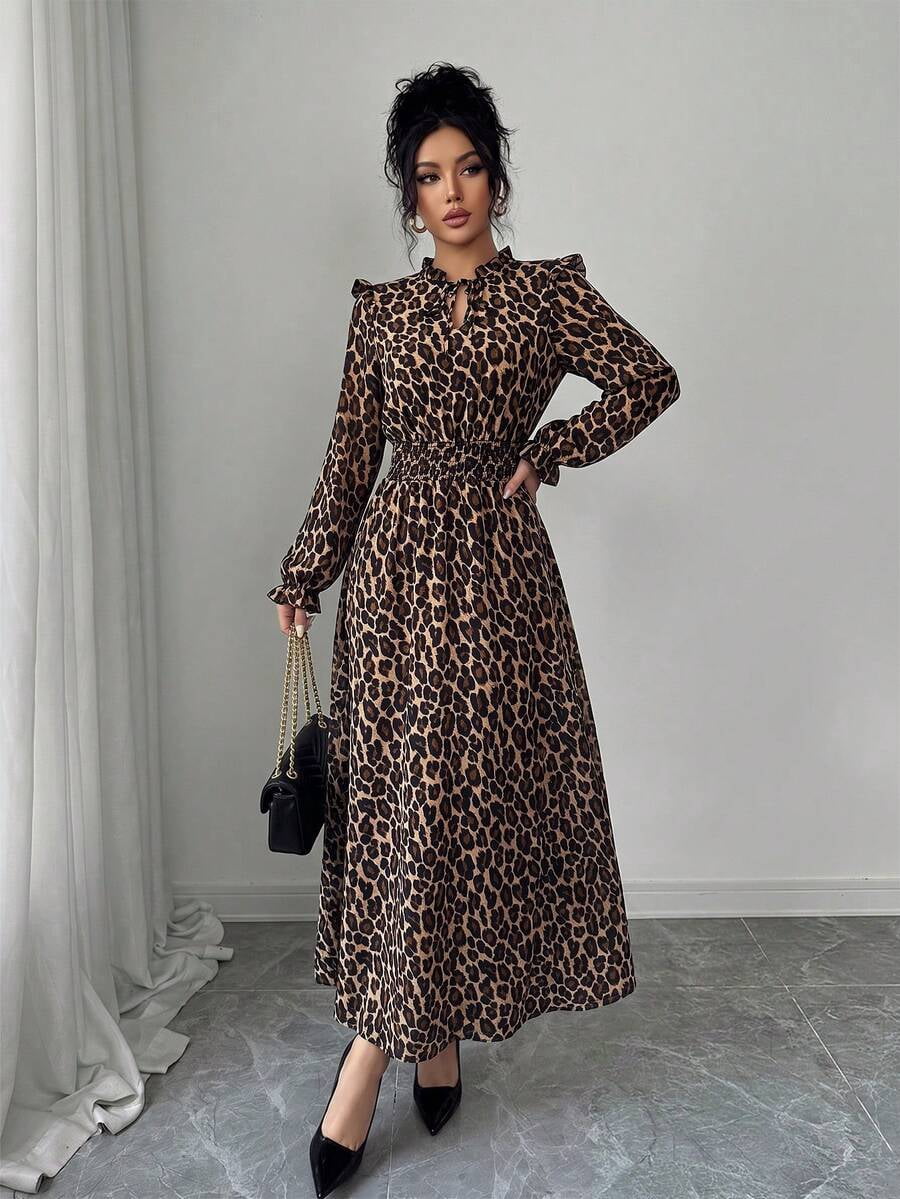 thumbnail image 5 of Multicolor Leopard Print Maxi Dress With Ruffle Neck And Elastic Waist, 5 of 21