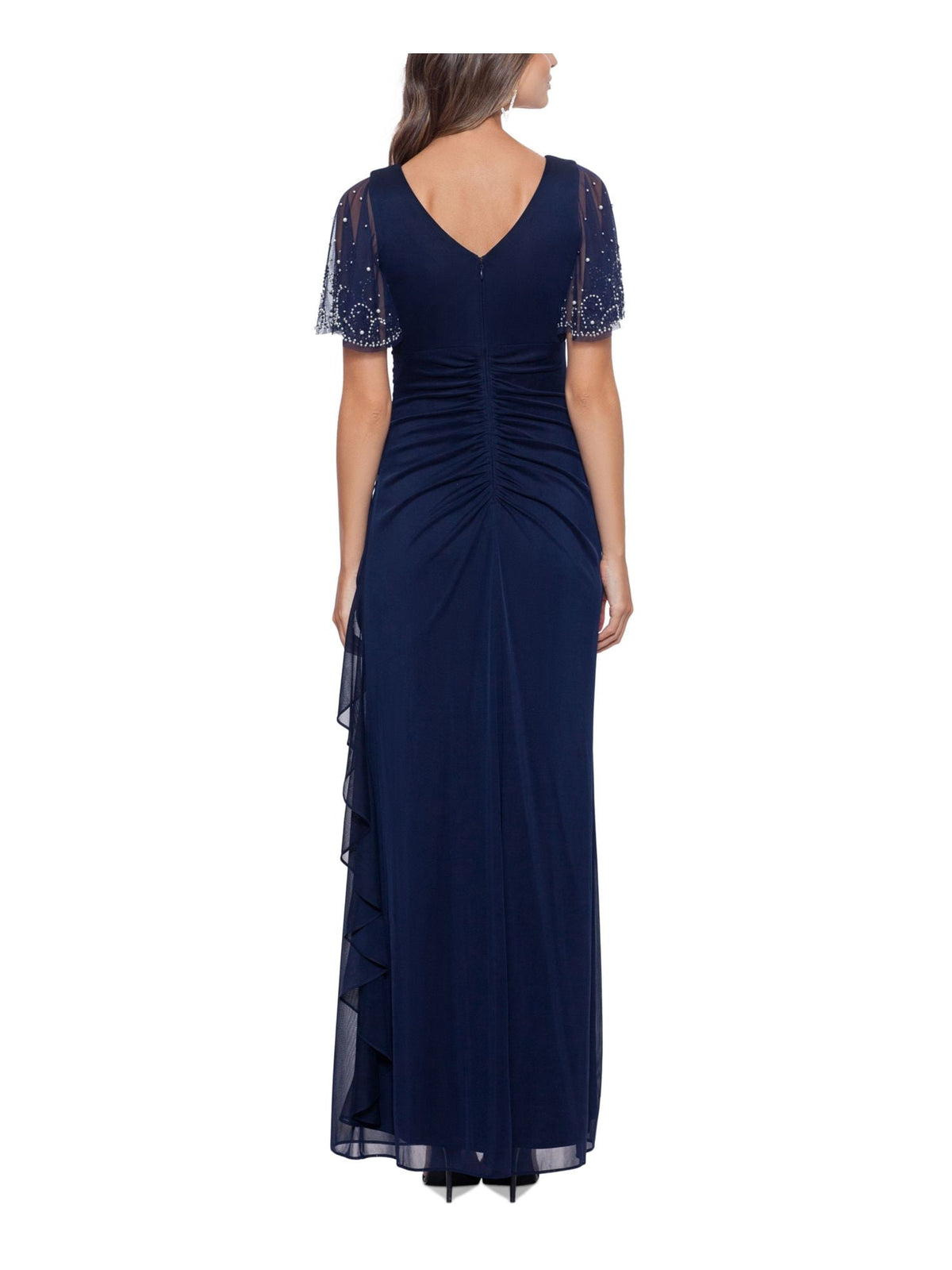 thumbnail image 2 of B&A BY BETSY & ADAM Womens Navy Embellished Zippered Ruched Cascading Ruffle Flutter Sleeve Boat Neck Full-Length Formal Gown Dress 10, 2 of 4