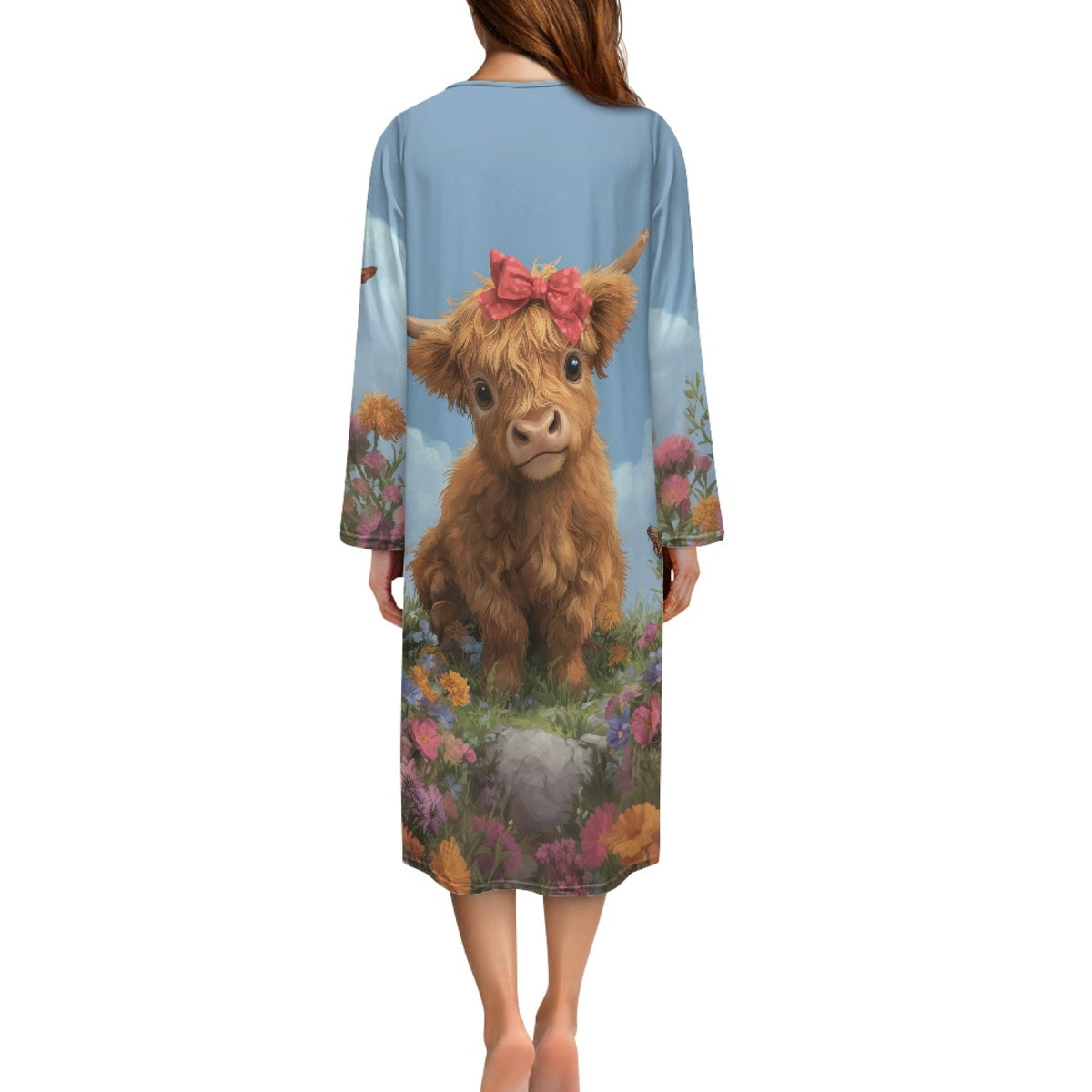 thumbnail image 2 of Xoenoiee Highland Cattle Butterfly Flower Print Women Zipper Robe Long Sleeves Loungewear Dress Full Length Sleepwear Pockets Housecoat Nightgown Long Bathrobe, Size S, 2 of 7