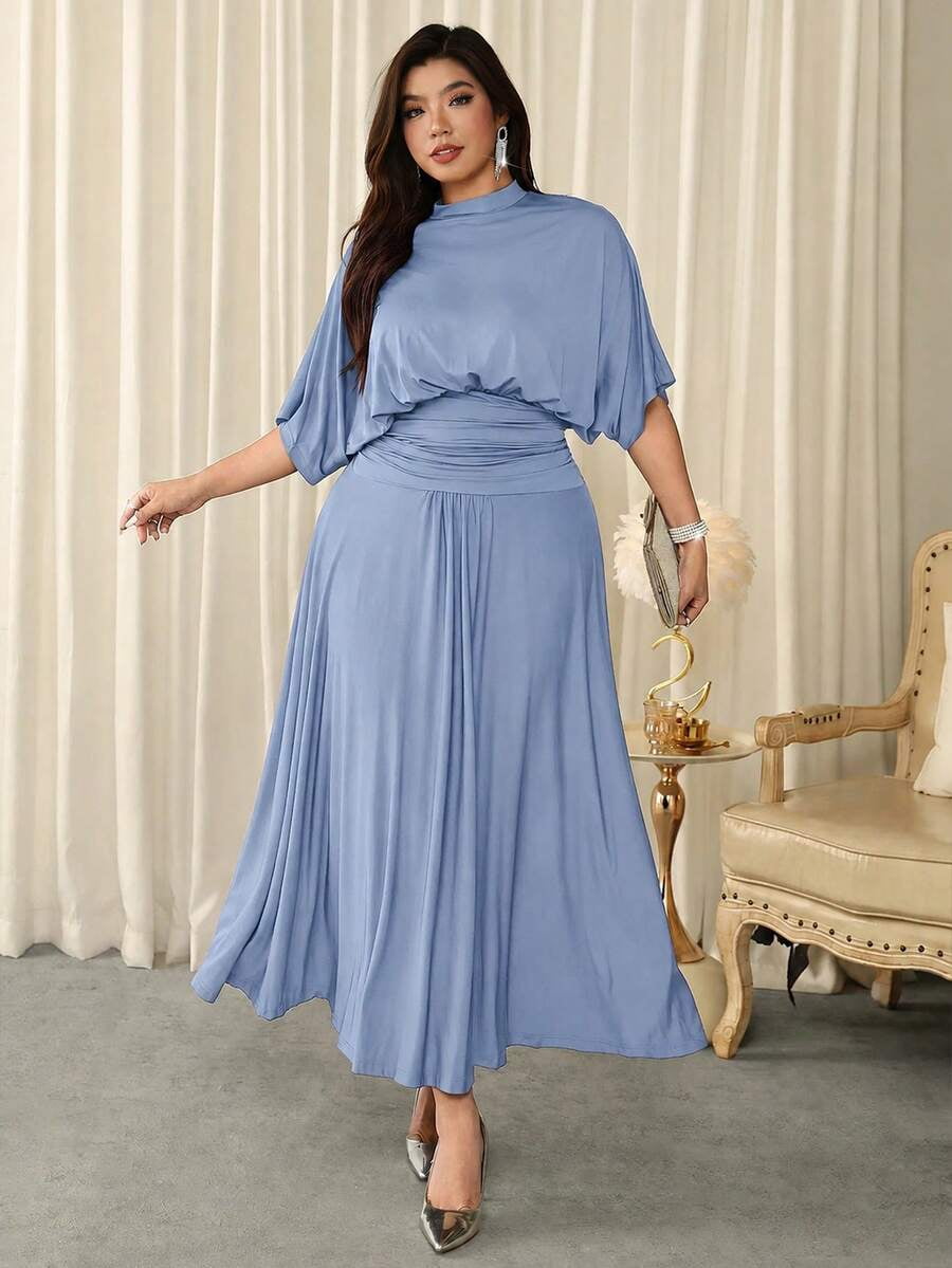thumbnail image 6 of Plus Size Blue Elegant Formal Evening Dress, Stand Collar Batwing Sleeve, 6 of 6