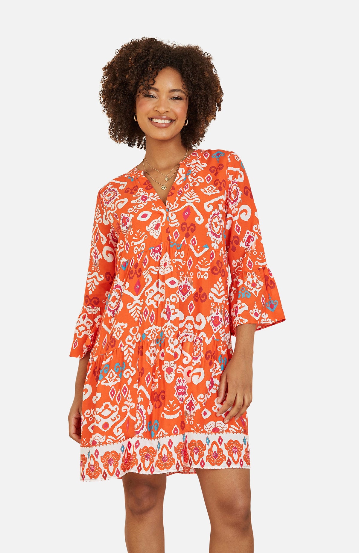 thumbnail image 3 of Yumi Flared Ikat Print 3/4 Sleeve Tunic Dress - Orange, 4, 3 of 5