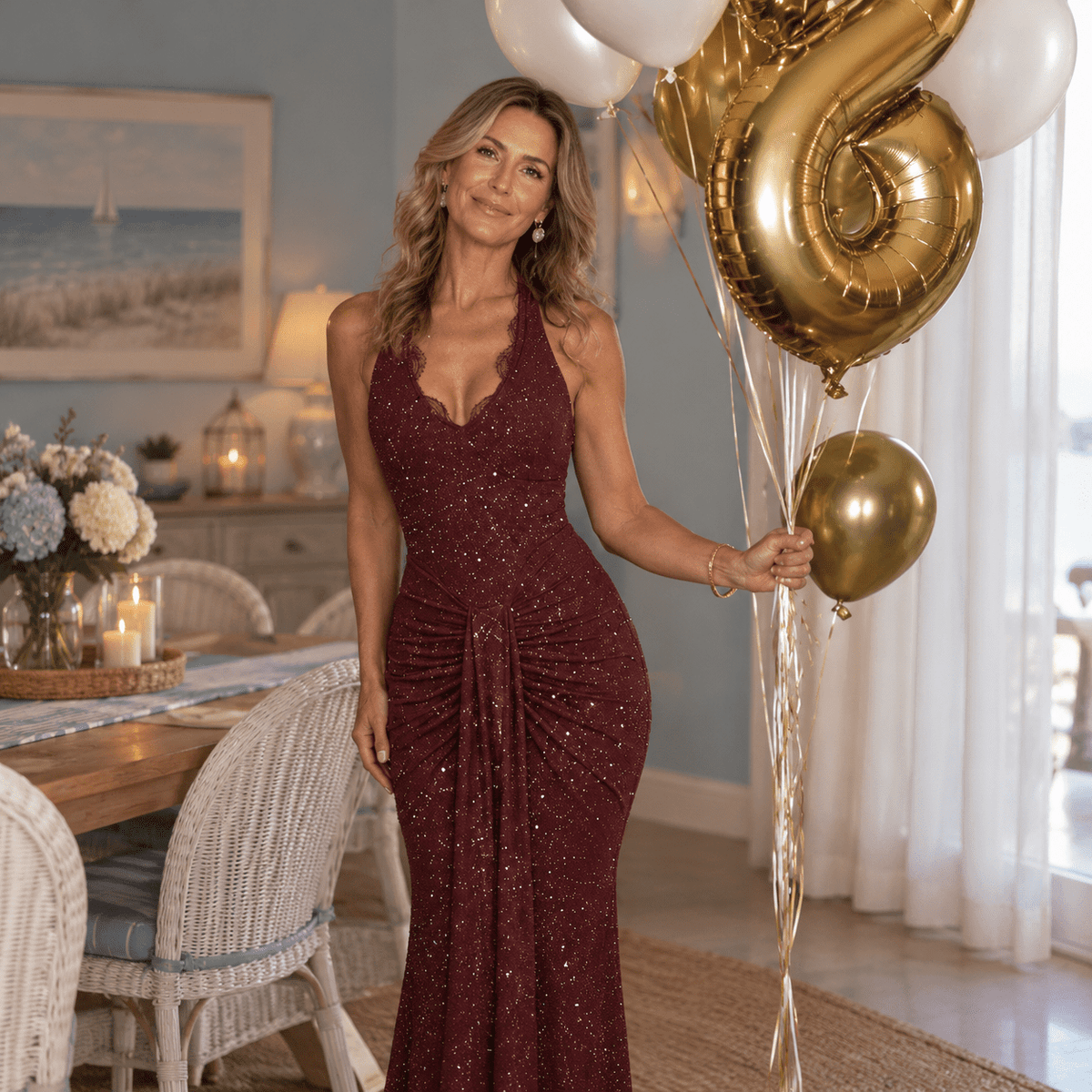 thumbnail image 5 of Women's Burgundy Small Deep V Neck Halter Lace Sequin Maxi Dress, 5 of 7