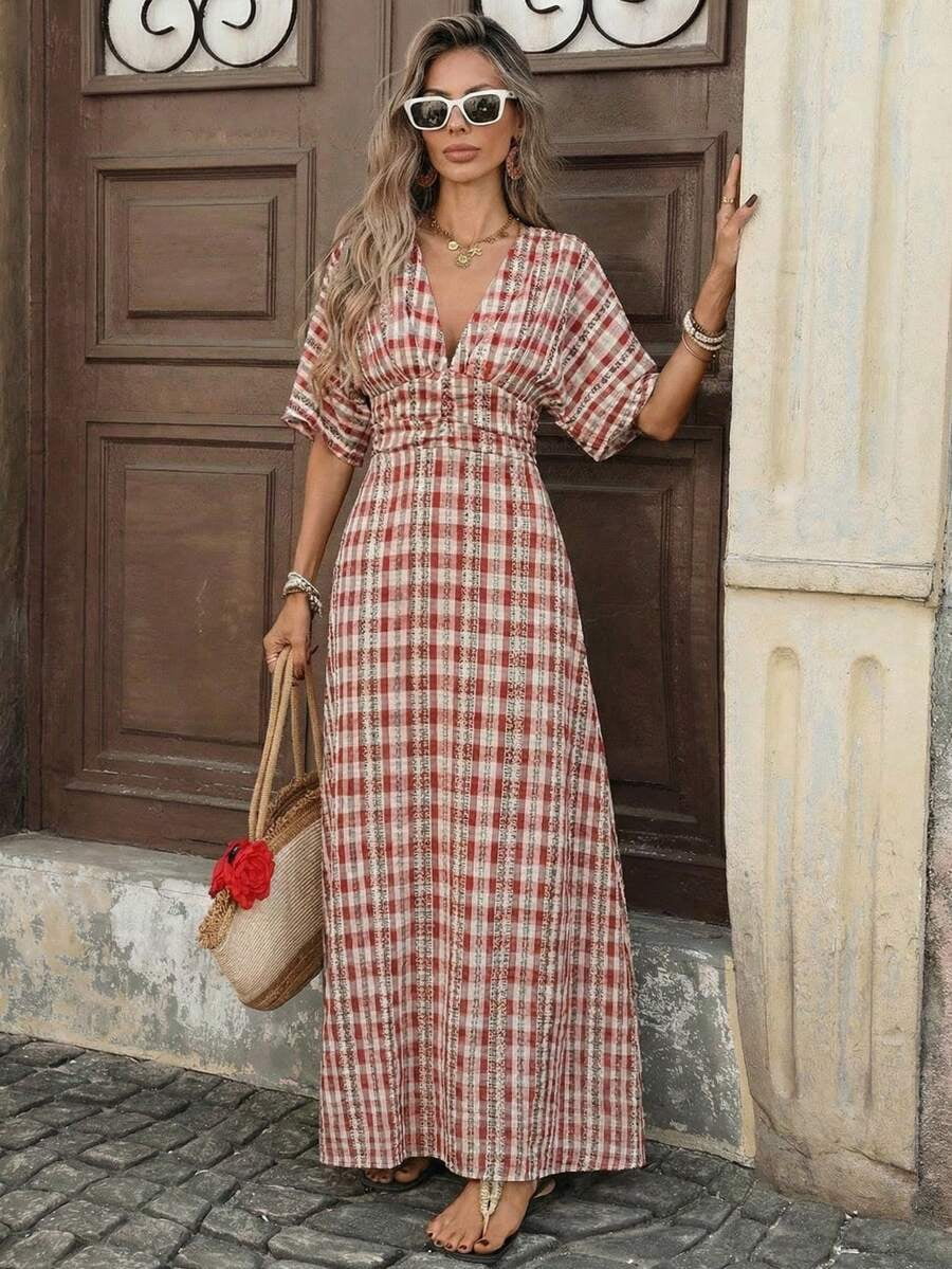 thumbnail image 7 of Womens Red Gingham Print Maxi Dress, V-Neck Short Sleeve Waist Cinched, 7 of 7