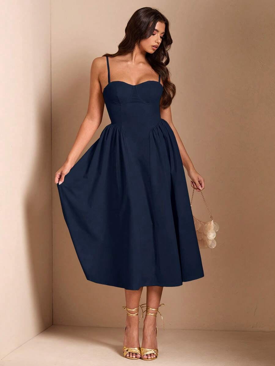 thumbnail image 5 of Blue Spaghetti Strap Sweetheart Neck Fit & Flare Midi Dress, 5 of 30