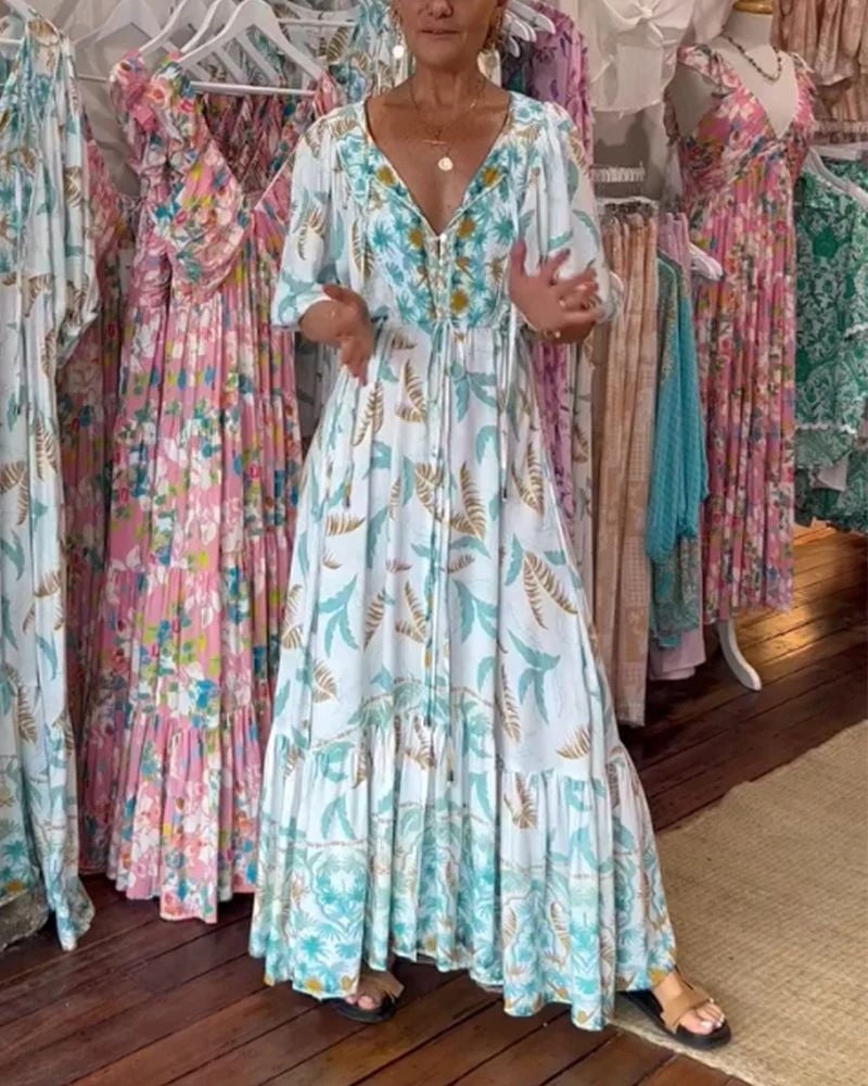 thumbnail image 1 of 2026 Women's Printed Belted Puff Sleeve Three-Quarter Sleeve Dress, 1 of 8