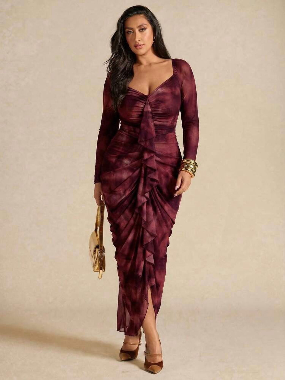 thumbnail image 2 of Red Violet Long Sleeve Ruched Maxi Dress with Tie Back, 2 of 6