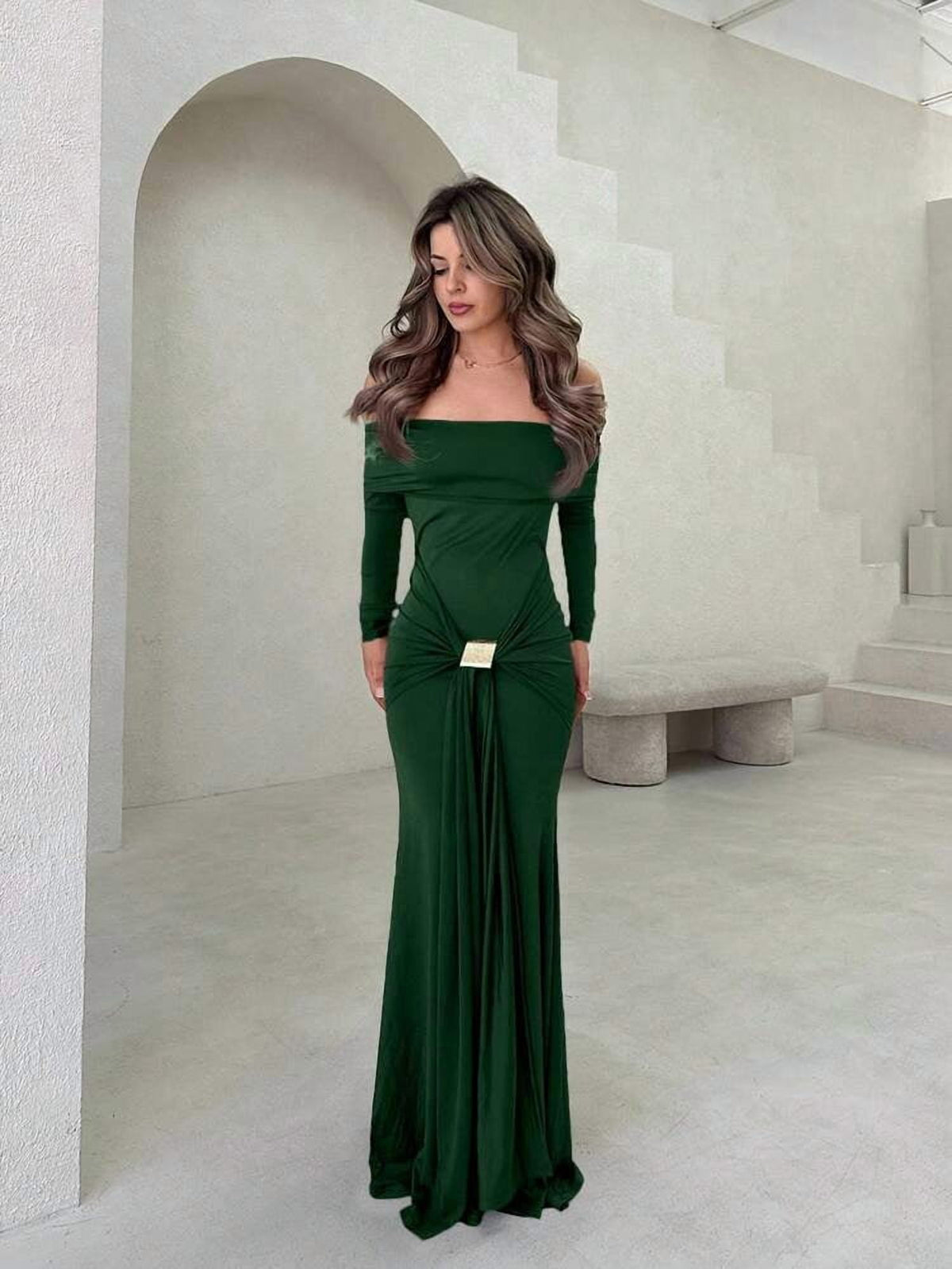 thumbnail image 6 of Dark Green Off Shoulder Long Sleeve Maxi Dress with Gold Ornamental Buckle, 6 of 6