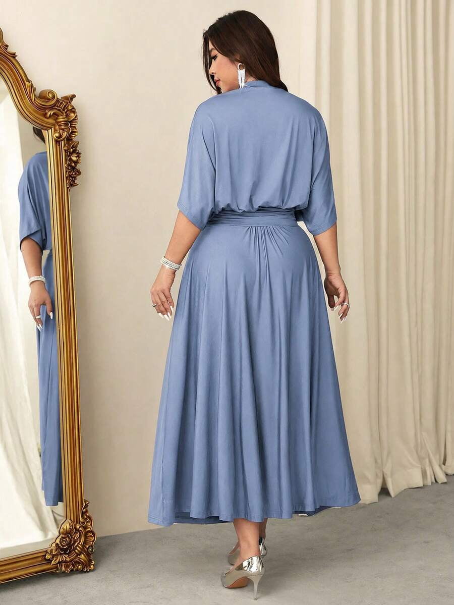 thumbnail image 2 of Plus Size Blue Elegant Formal Evening Dress, Stand Collar Batwing Sleeve, 2 of 6