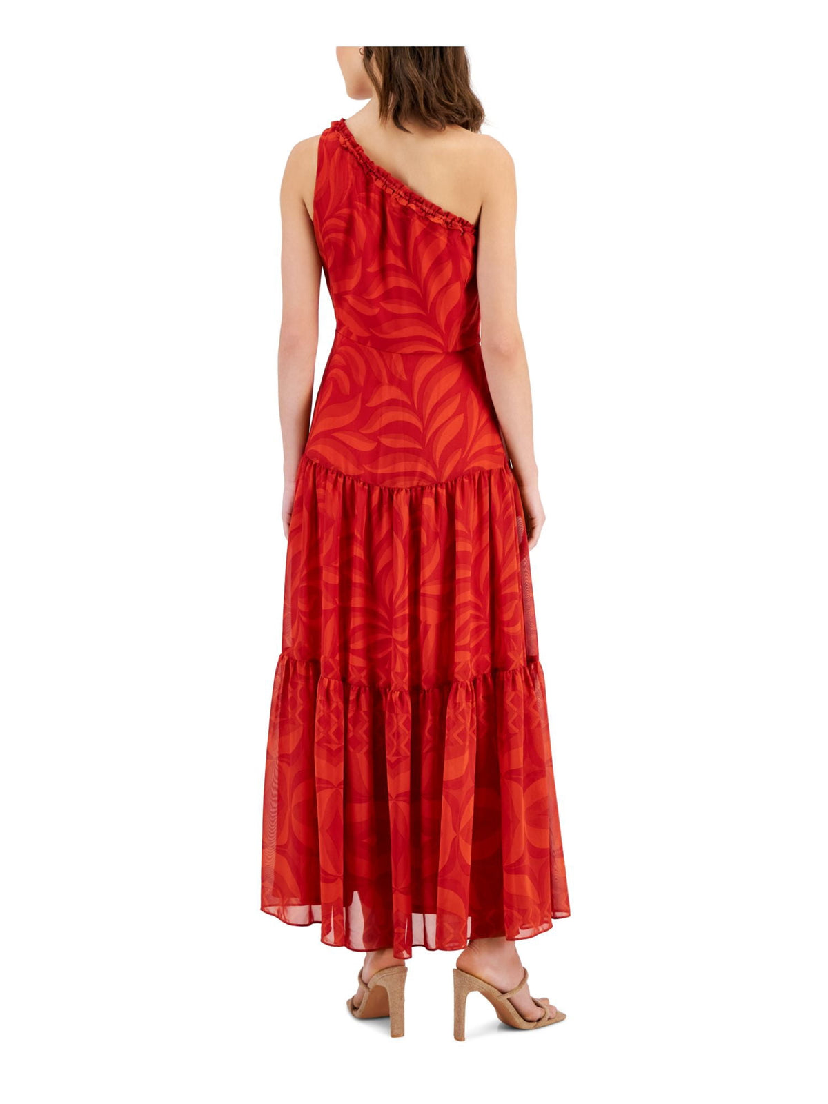 thumbnail image 2 of TAYLOR Womens Red Ruffled Zippered Lined Tiered Sheer Printed Sleeveless Asymmetrical Neckline Maxi Fit + Flare Dress 16, 2 of 3