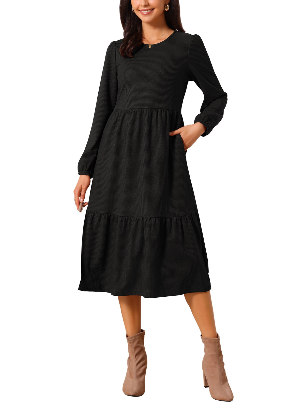 thumbnail image 2 of INSPIRE CHIC Women's Fall Dresses Long Sleeve Round Neck Tiered Casual Knit A-Line Midi Dress with Pockets S Black, 2 of 6