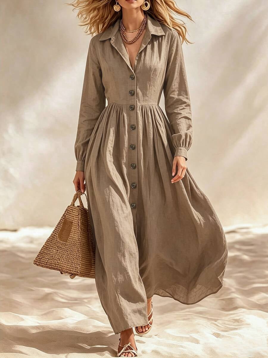 thumbnail image 5 of Womens Elegant Khaki Long Sleeve Button Down Maxi Dress for Beach, Dating, 5 of 6