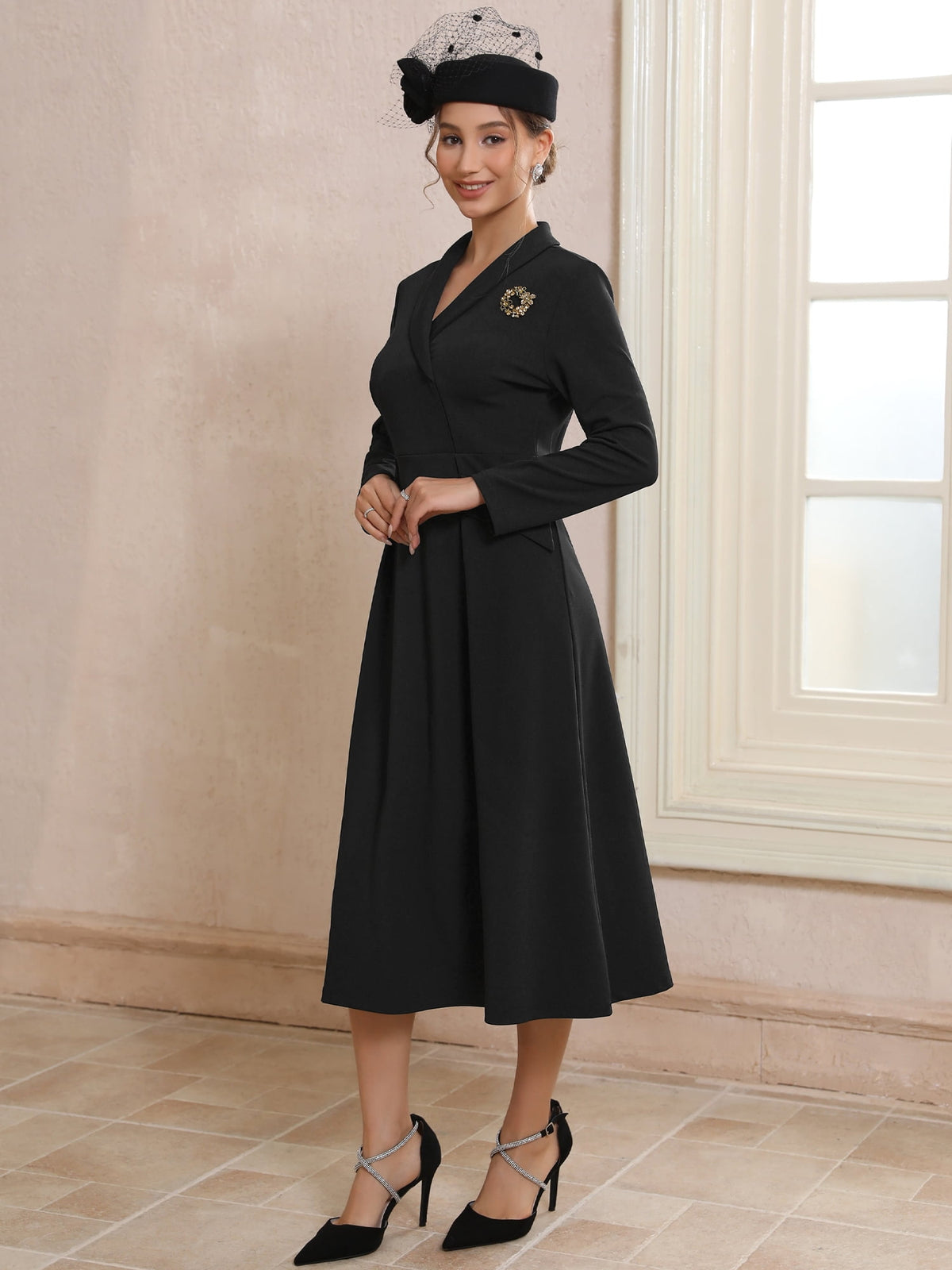 thumbnail image 2 of DARING DIVA Women's Collared V Neck Long Sleeve Blazer Dresses with Brooch S Black, 2 of 6