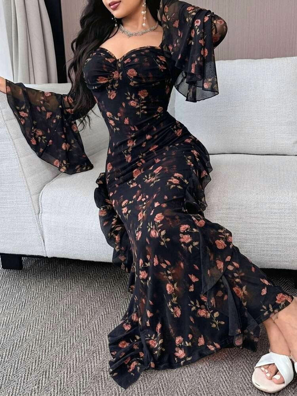 thumbnail image 4 of Black Floral Print Long Dress with Flare Sleeves and Ruffle Hem, 4 of 6