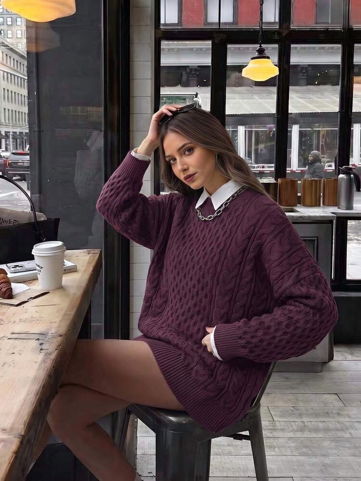 thumbnail image 2 of Burgundy Cable Knit Oversized Sweater Dress, 2 of 7