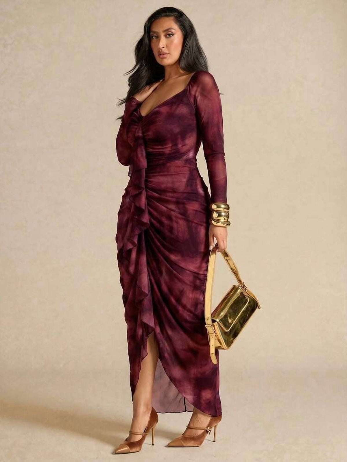 thumbnail image 5 of Red Violet Long Sleeve Ruched Maxi Dress with Tie Back, 5 of 6