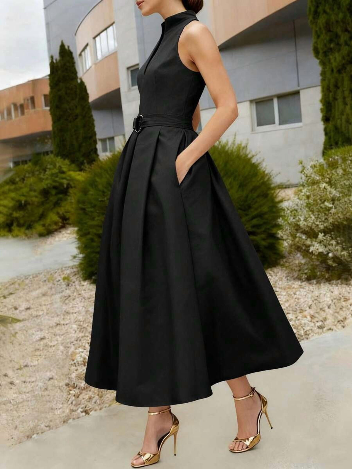thumbnail image 3 of Black Sleeveless High-Neck A-Line Midi Dress With Belted Waist, 3 of 8