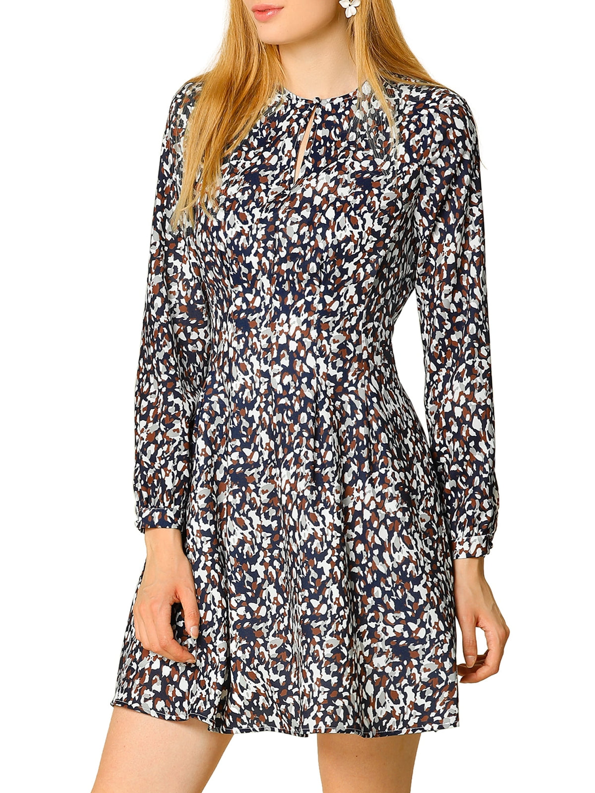 thumbnail image 6 of INSPIRE CHIC Women's Leopard Keyhole Above Knee Pleated a-Line Dress M Navy Blue, 6 of 8