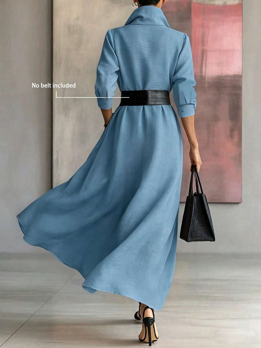 thumbnail image 3 of Womens Blue Lapel Long Dress Single-Breasted Elegant Solid Color, 3 of 9