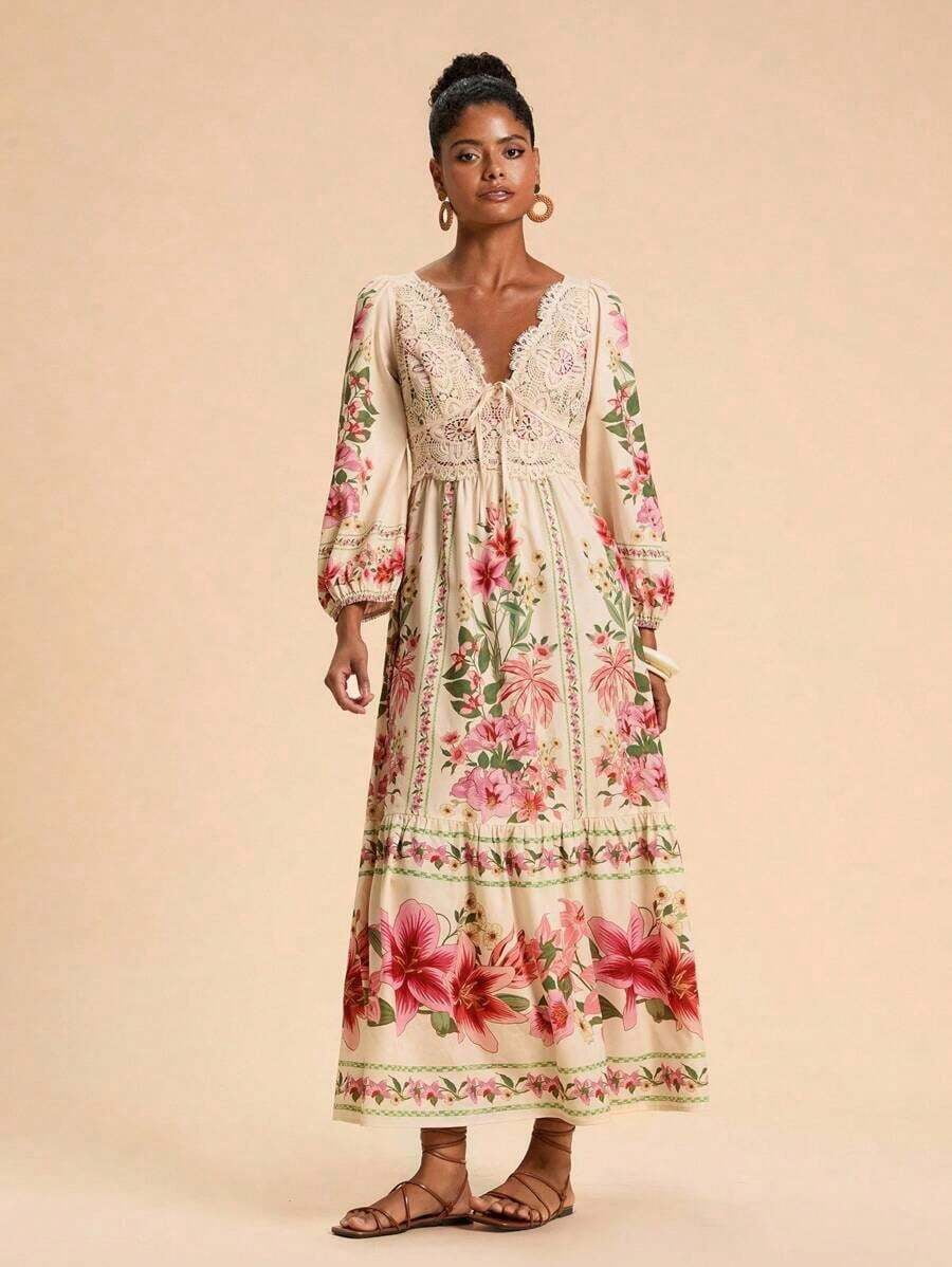 thumbnail image 6 of Multicolor 2 Floral Lace Patchwork V-Neck Long Sleeve Boho Maxi Dress, 6 of 13