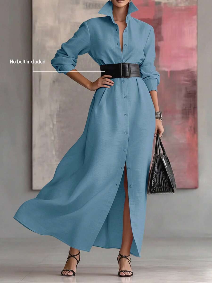 thumbnail image 4 of Womens Blue Lapel Long Dress Single-Breasted Elegant Solid Color, 4 of 9