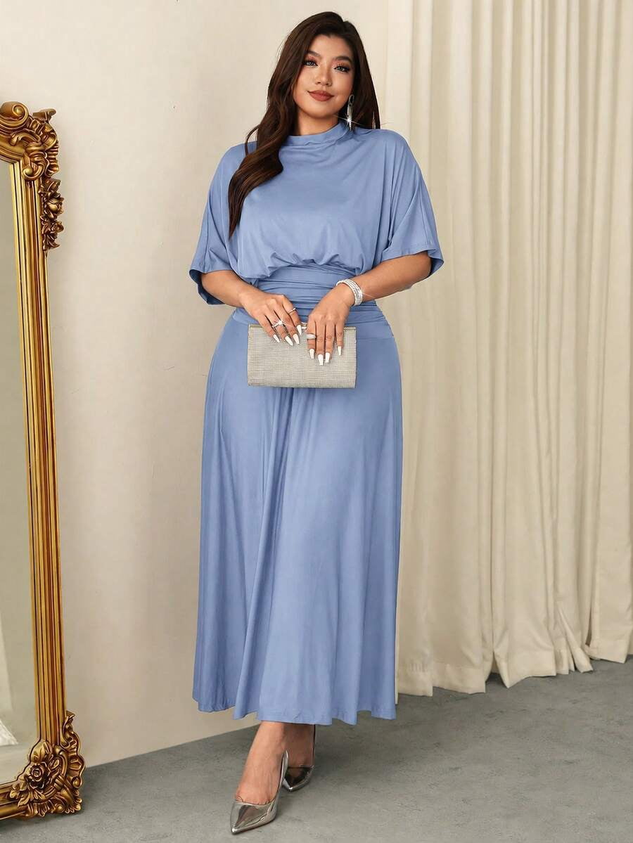 thumbnail image 5 of Plus Size Blue Elegant Formal Evening Dress, Stand Collar Batwing Sleeve, 5 of 6