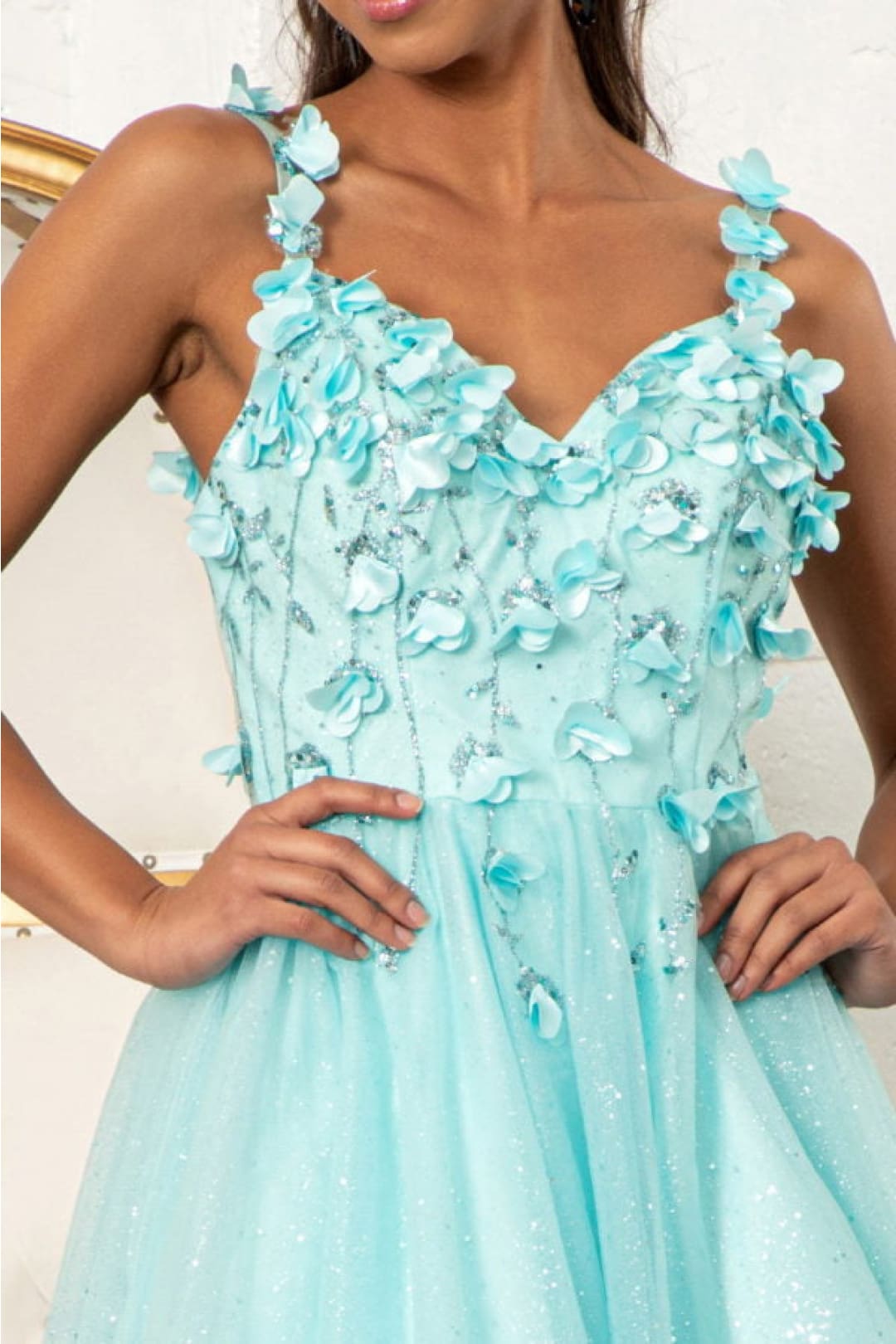 thumbnail image 4 of Women's Elizabeth K 3D Floral Short Sweetheart Dress Gs1999 Tiffany Blue Size 2XL, 4 of 5