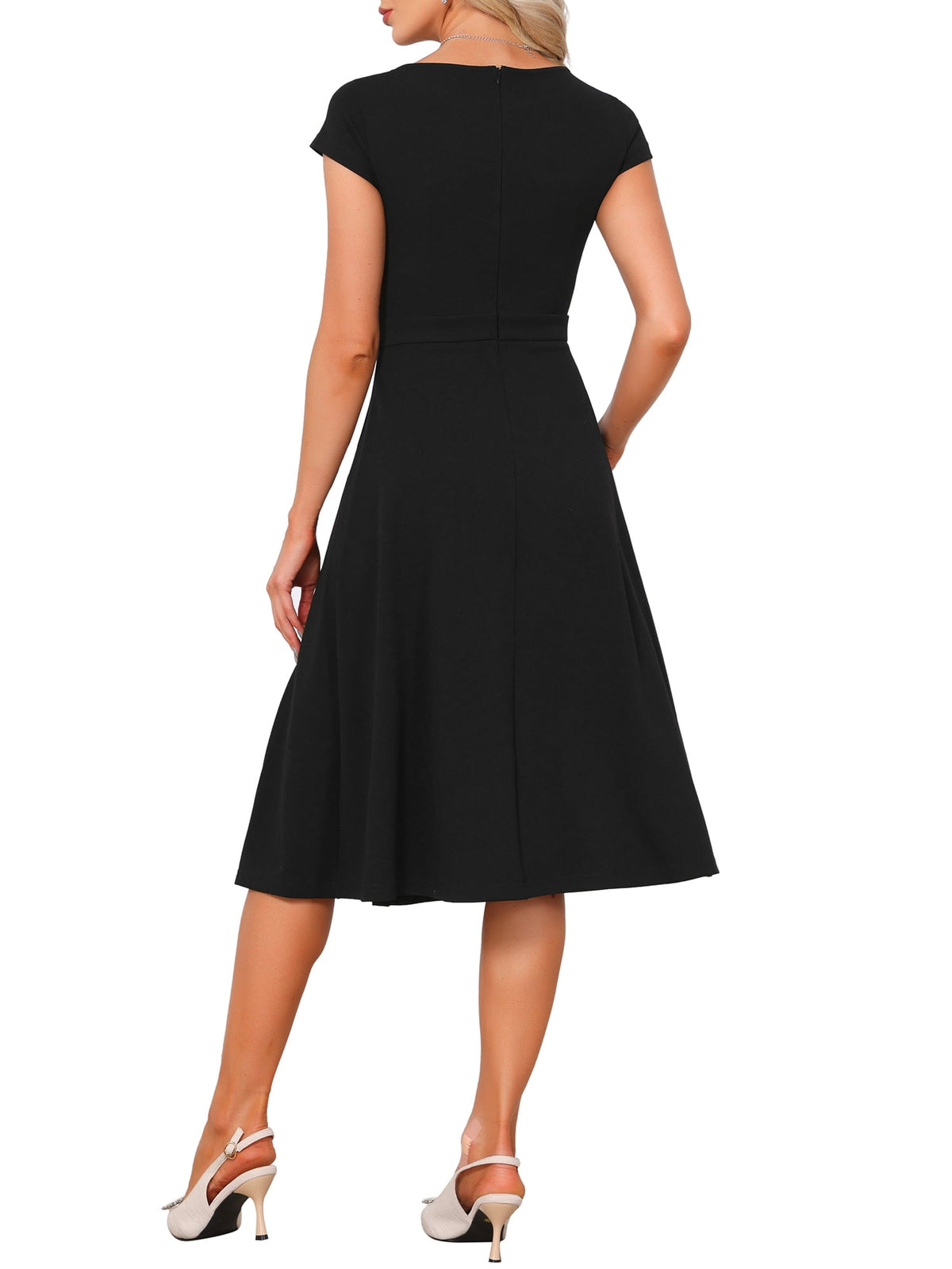 thumbnail image 4 of INSPIRE CHIC A-Line Dress for Women Boat Neck Cap Sleeve Pleated Vintage Cocktail Party Midi Dresses XS Black, 4 of 7