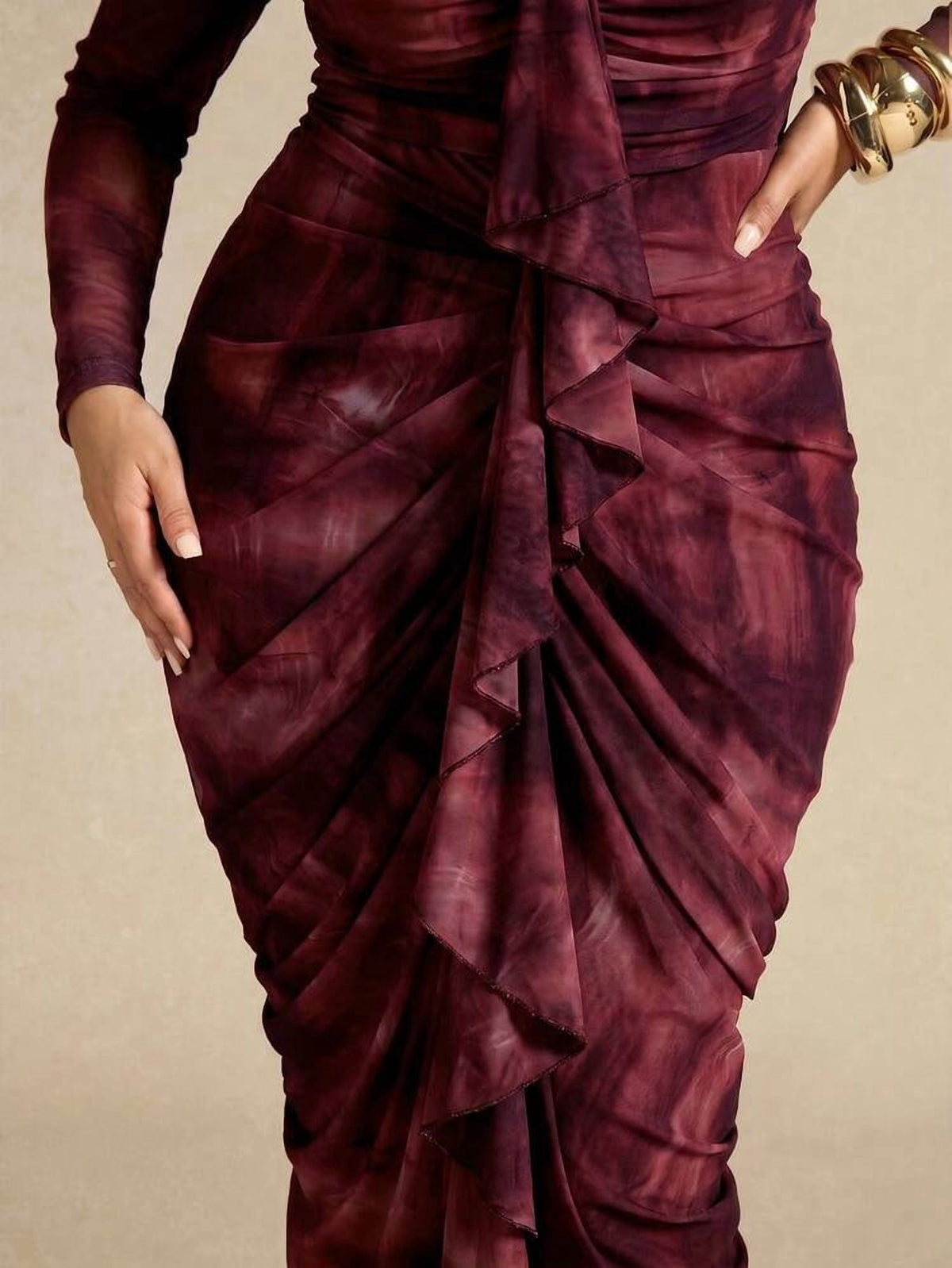 thumbnail image 6 of Red Violet Long Sleeve Ruched Maxi Dress with Tie Back, 6 of 6