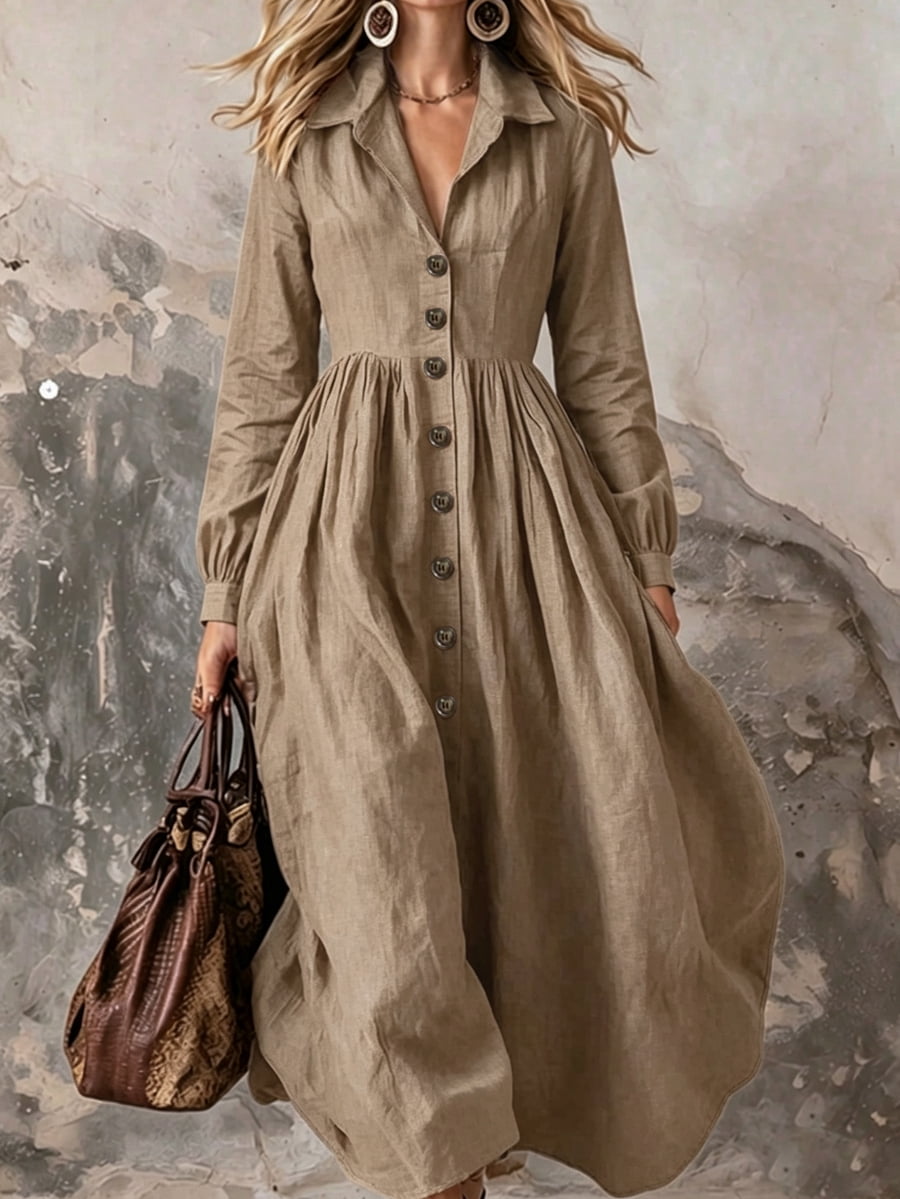 thumbnail image 4 of Womens Elegant Khaki Long Sleeve Button Down Maxi Dress for Beach, Dating, 4 of 6