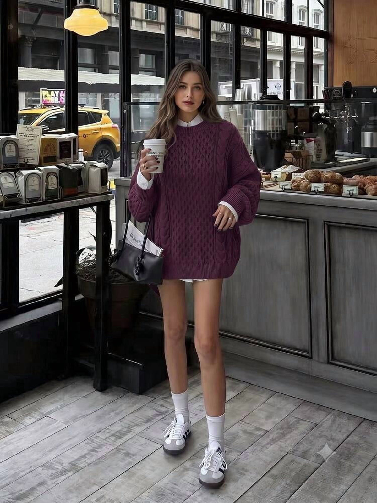 thumbnail image 6 of Burgundy Cable Knit Oversized Sweater Dress, 6 of 7