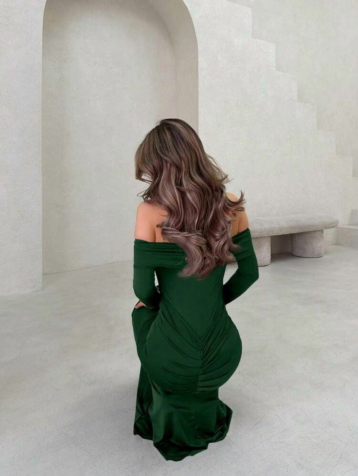 thumbnail image 2 of Dark Green Off Shoulder Long Sleeve Maxi Dress with Gold Ornamental Buckle, 2 of 6
