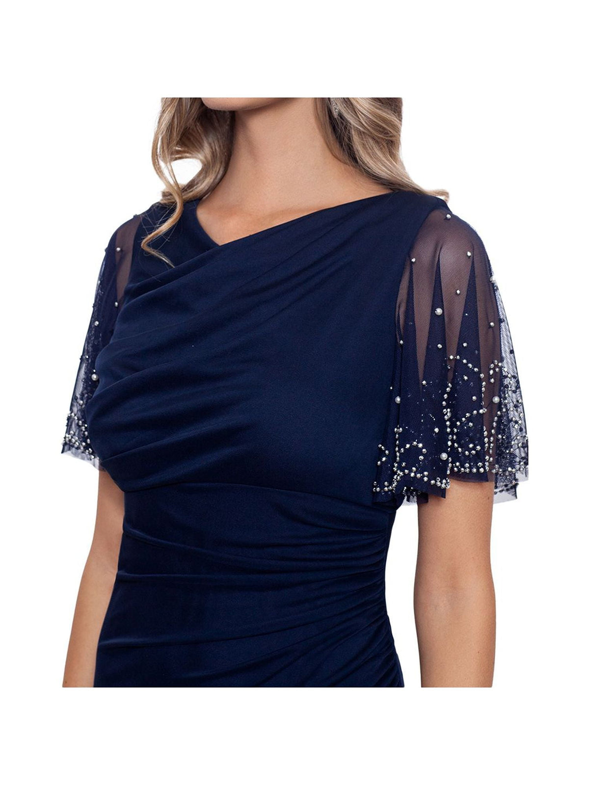 thumbnail image 3 of B&A BY BETSY & ADAM Womens Navy Embellished Zippered Ruched Cascading Ruffle Flutter Sleeve Boat Neck Full-Length Formal Gown Dress 10, 3 of 4