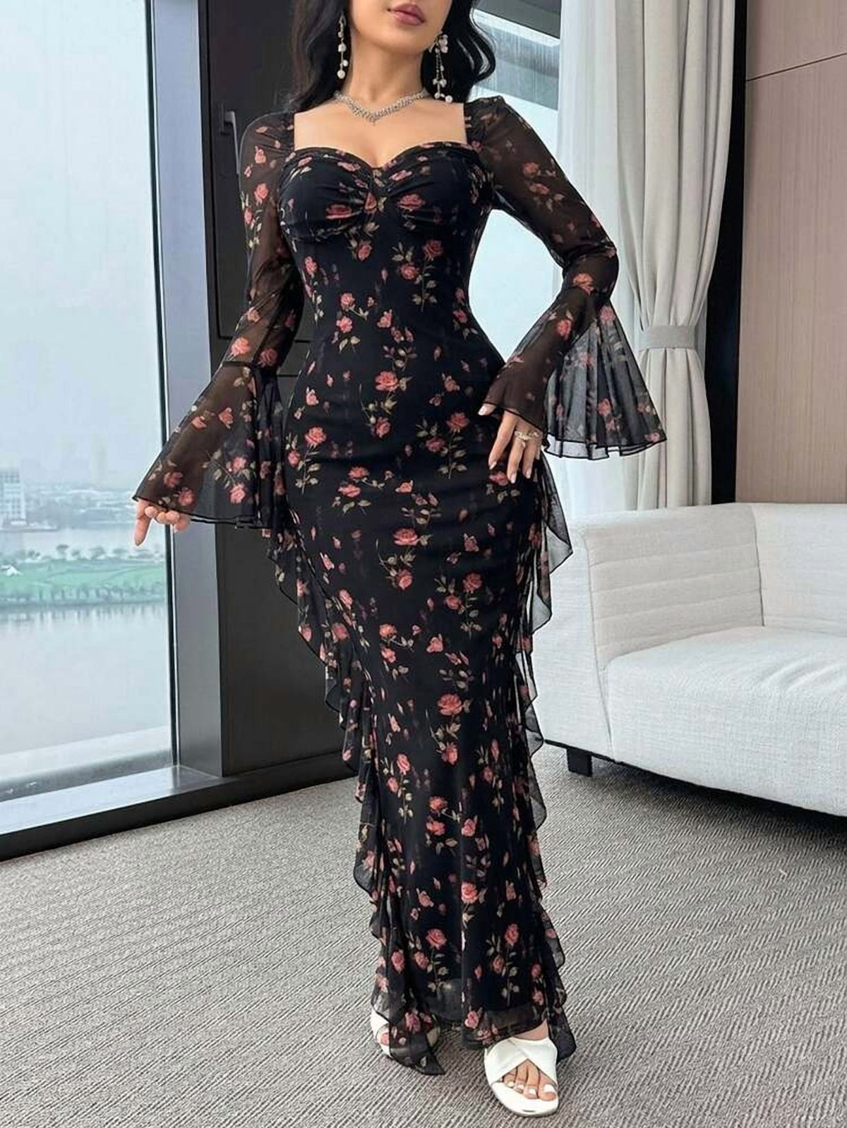 thumbnail image 6 of Black Floral Print Long Dress with Flare Sleeves and Ruffle Hem, 6 of 6