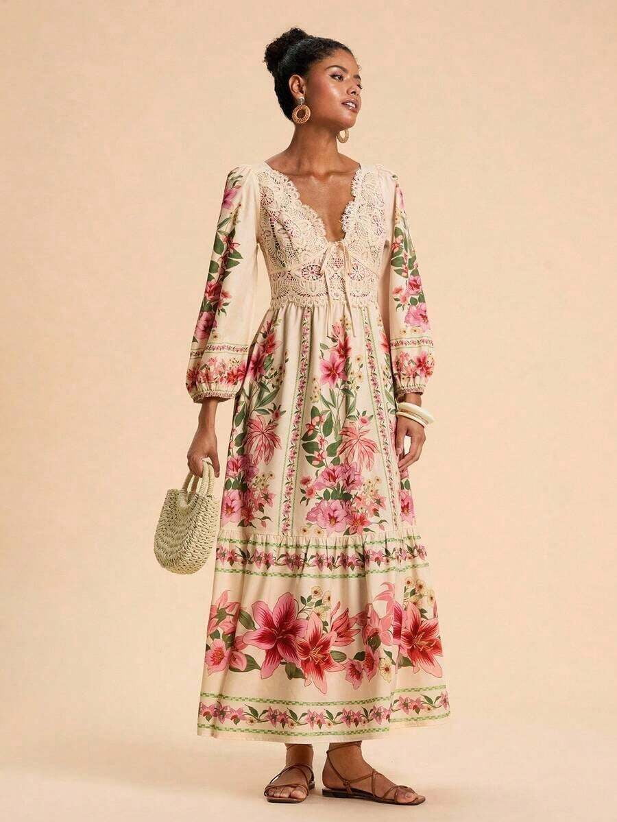 thumbnail image 5 of Multicolor 2 Floral Lace Patchwork V-Neck Long Sleeve Boho Maxi Dress, 5 of 13