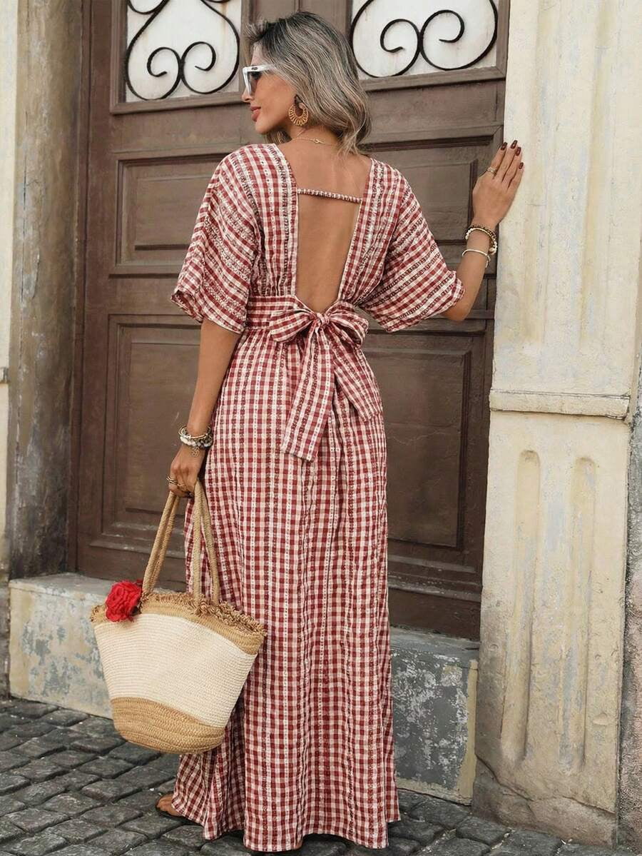thumbnail image 2 of Womens Red Gingham Print Maxi Dress, V-Neck Short Sleeve Waist Cinched, 2 of 7