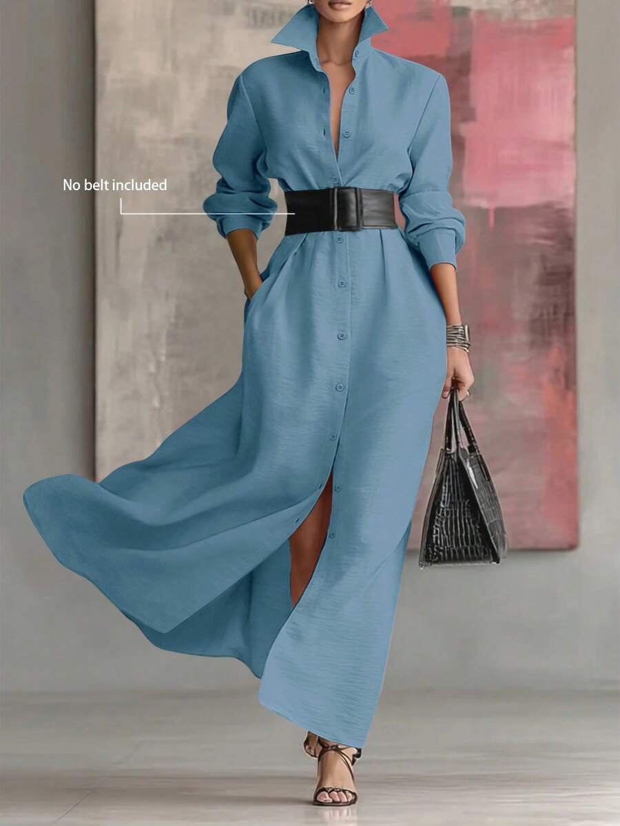 thumbnail image 2 of Womens Blue Lapel Long Dress Single-Breasted Elegant Solid Color, 2 of 9