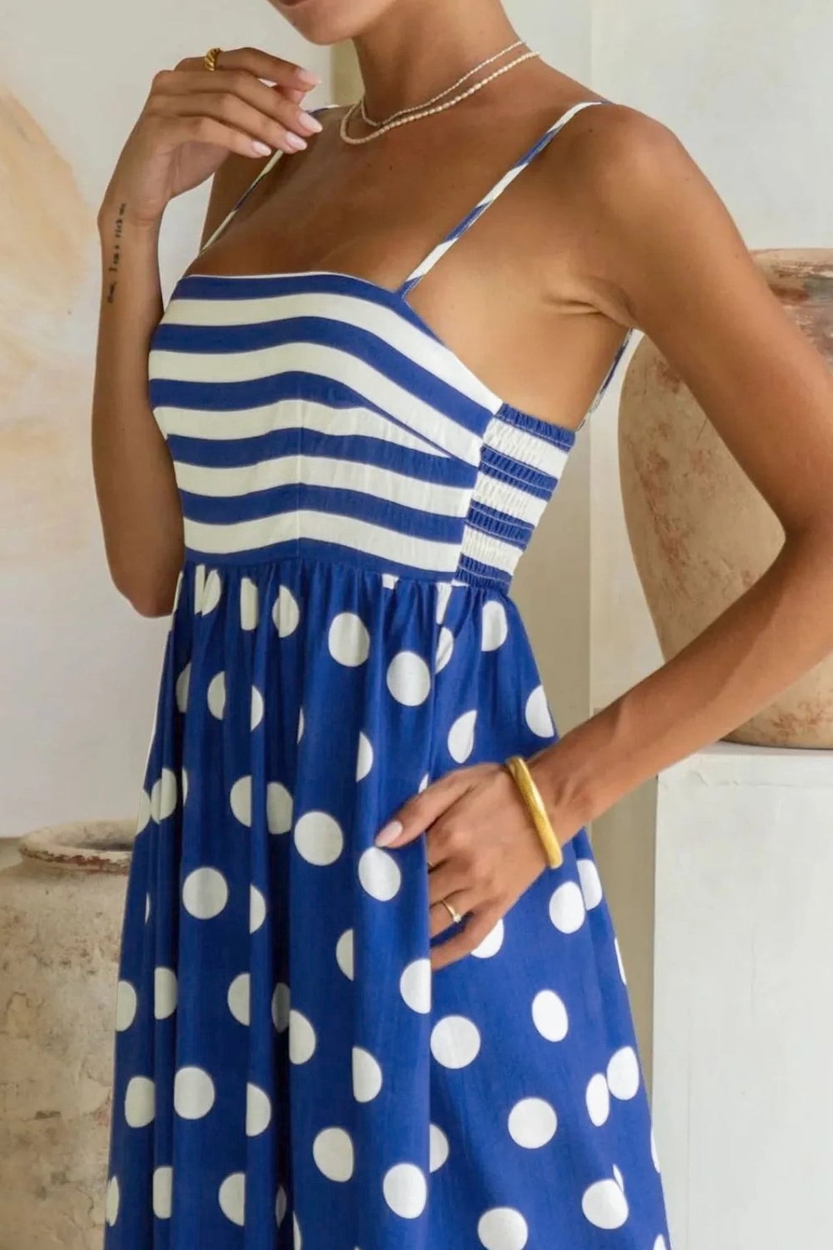 thumbnail image 6 of Women's Blue Striped Polka Dot Maxi Dress – High Waist Sleeveless Shift Dress for Vacation, XL, 6 of 12