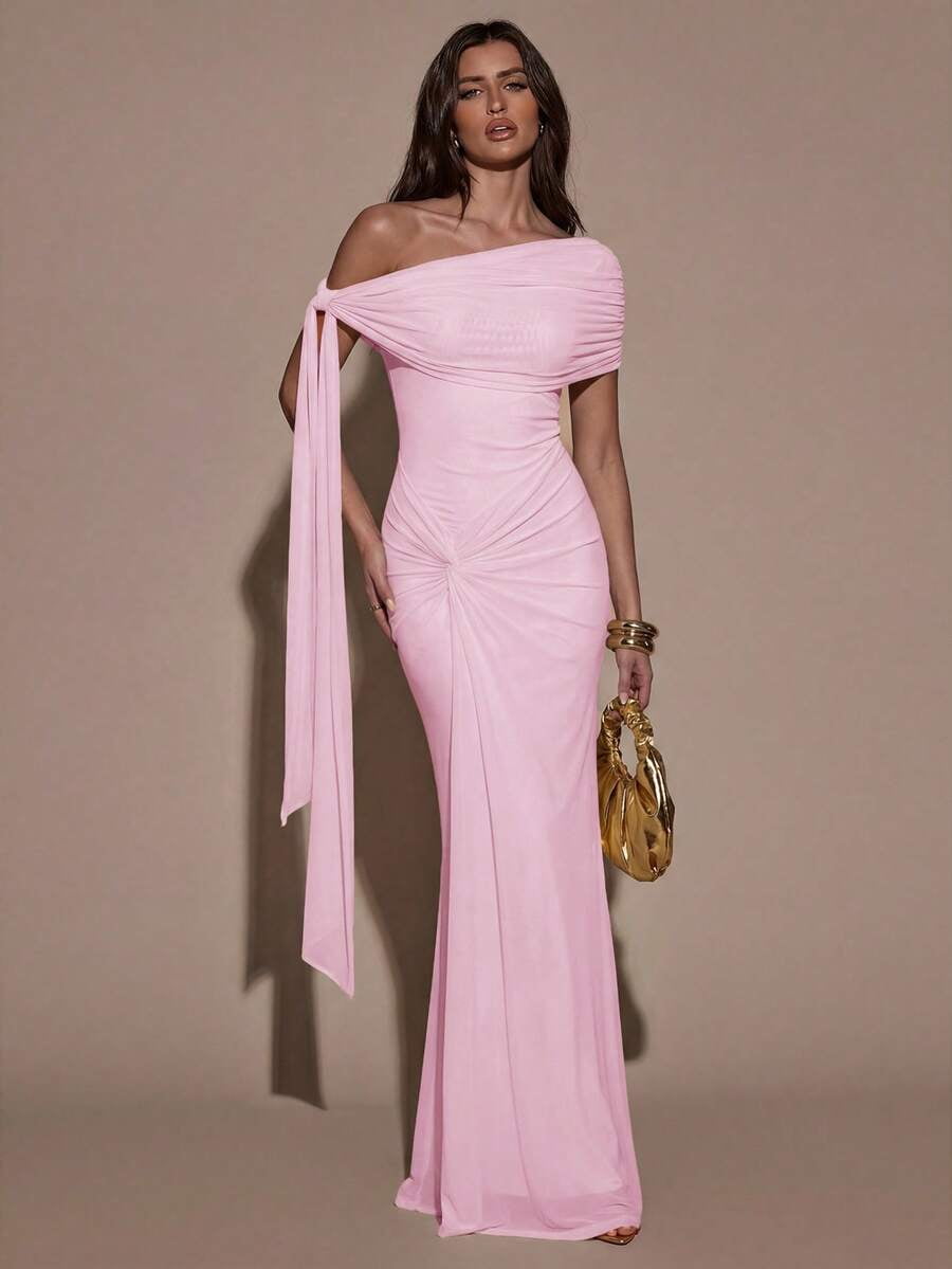 thumbnail image 6 of Baby Pink One Shoulder Ruched Bodycon Maxi Dress For Evening Party, 6 of 30
