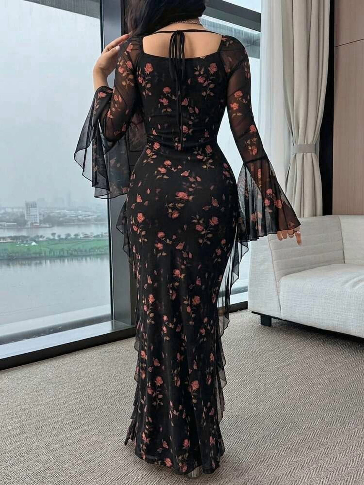 thumbnail image 2 of Black Floral Print Long Dress with Flare Sleeves and Ruffle Hem, 2 of 6