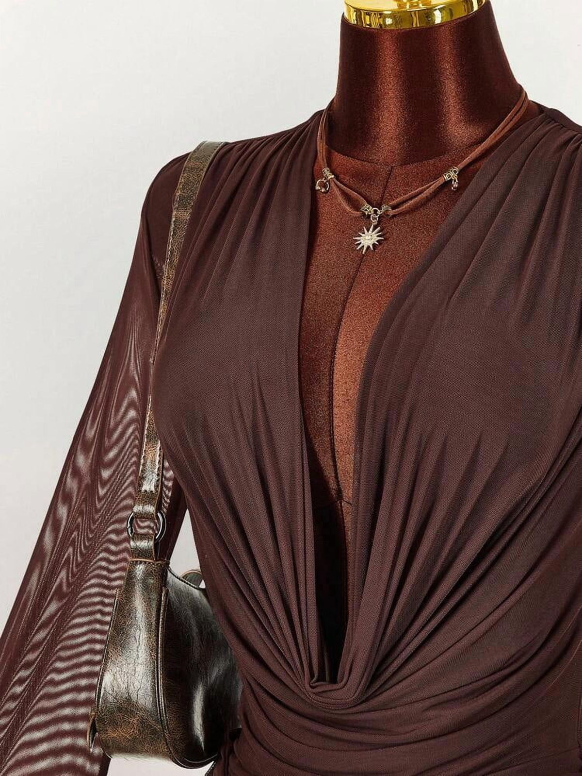 thumbnail image 5 of Brown Long Sleeve Mesh Mini Dress with Deep V-Neck and Ruffle Hem, 5 of 10