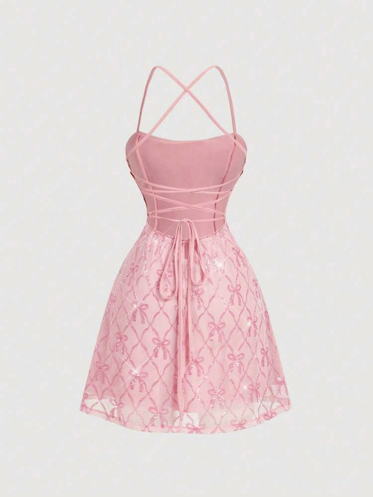 thumbnail image 5 of Pink Sequin Bow Pattern Mini Dress with Crisscross Straps, 5 of 7