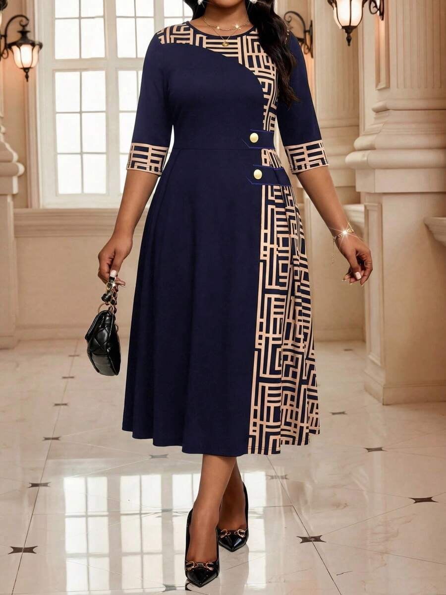 thumbnail image 7 of Plus Size Blue Vintage Elegant Round Neck 3/4 Sleeve A-Line Geometric, 7 of 7