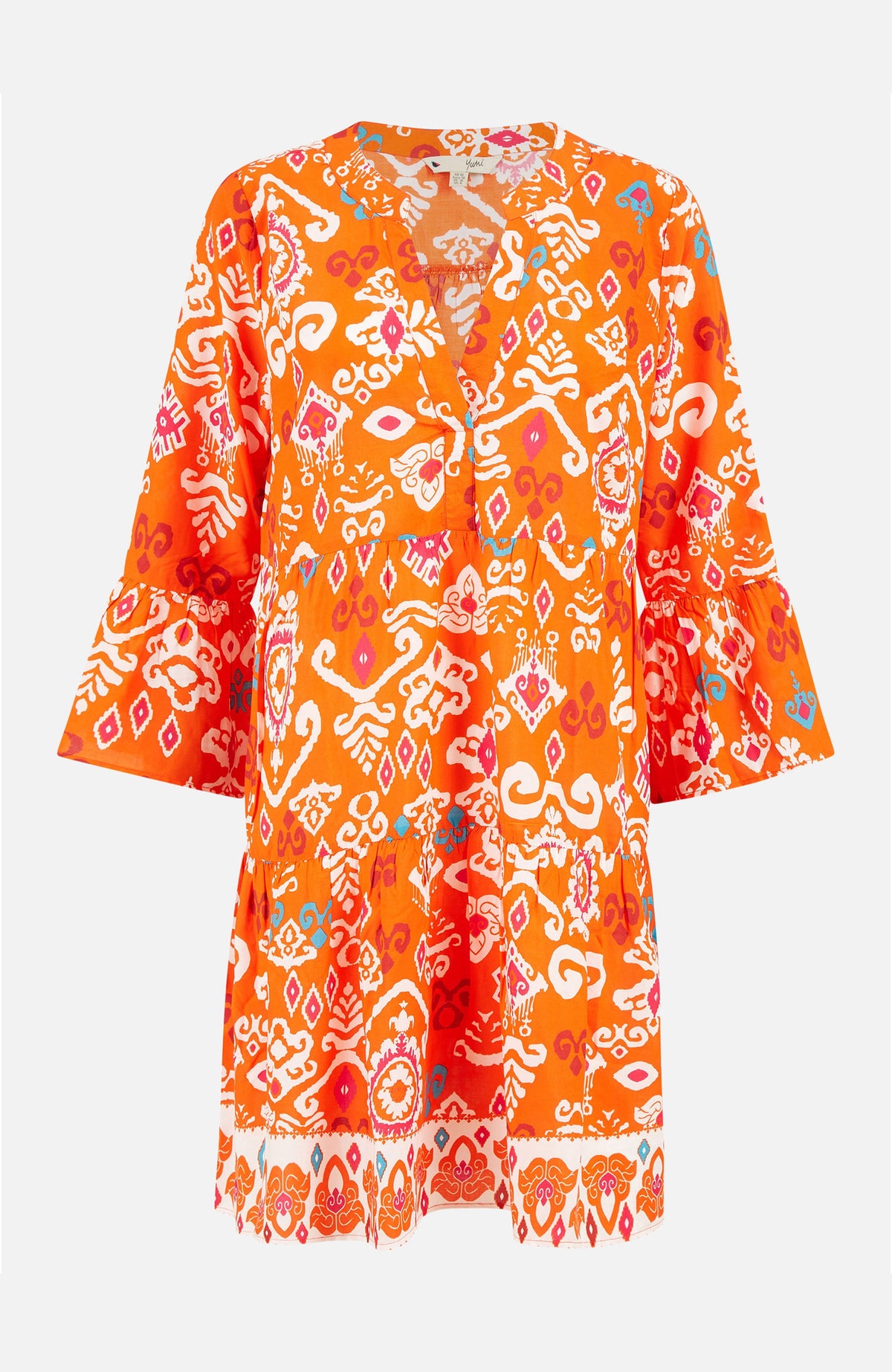thumbnail image 4 of Yumi Flared Ikat Print 3/4 Sleeve Tunic Dress - Orange, 4, 4 of 5