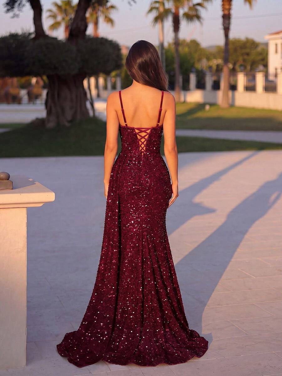 thumbnail image 2 of Burgundy Sequin Evening Gown With Rhinestone Bust, High Slit & Spaghetti, 2 of 27