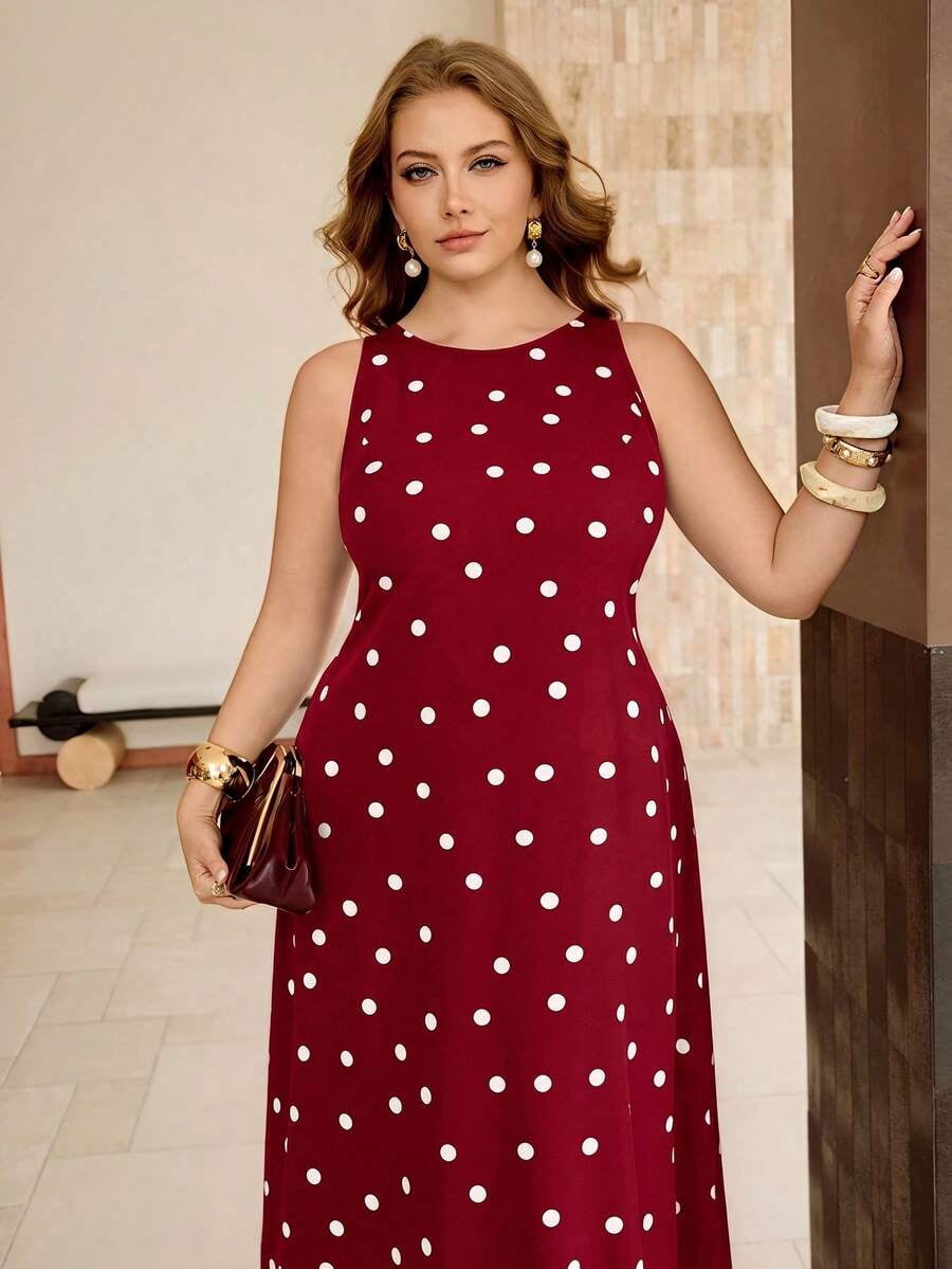 thumbnail image 3 of Khaki Plus Size Polka Dot Sleeveless A-Line Midi Dress, Elegant Round Neck, 3 of 7