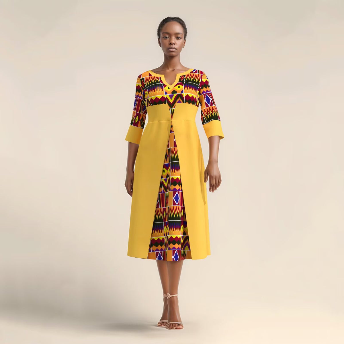 thumbnail image 5 of Bintarealwax African Dress for Women Print Three Quarters Sleeves High Waist A Line Ankara Dress Elegant WY11037, 5 of 5