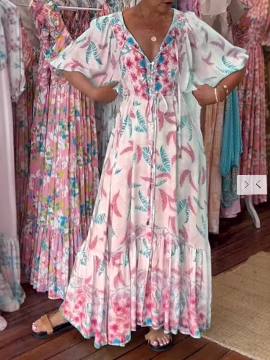 thumbnail image 4 of 2026 Women's Printed Belted Puff Sleeve Three-Quarter Sleeve Dress, 4 of 8