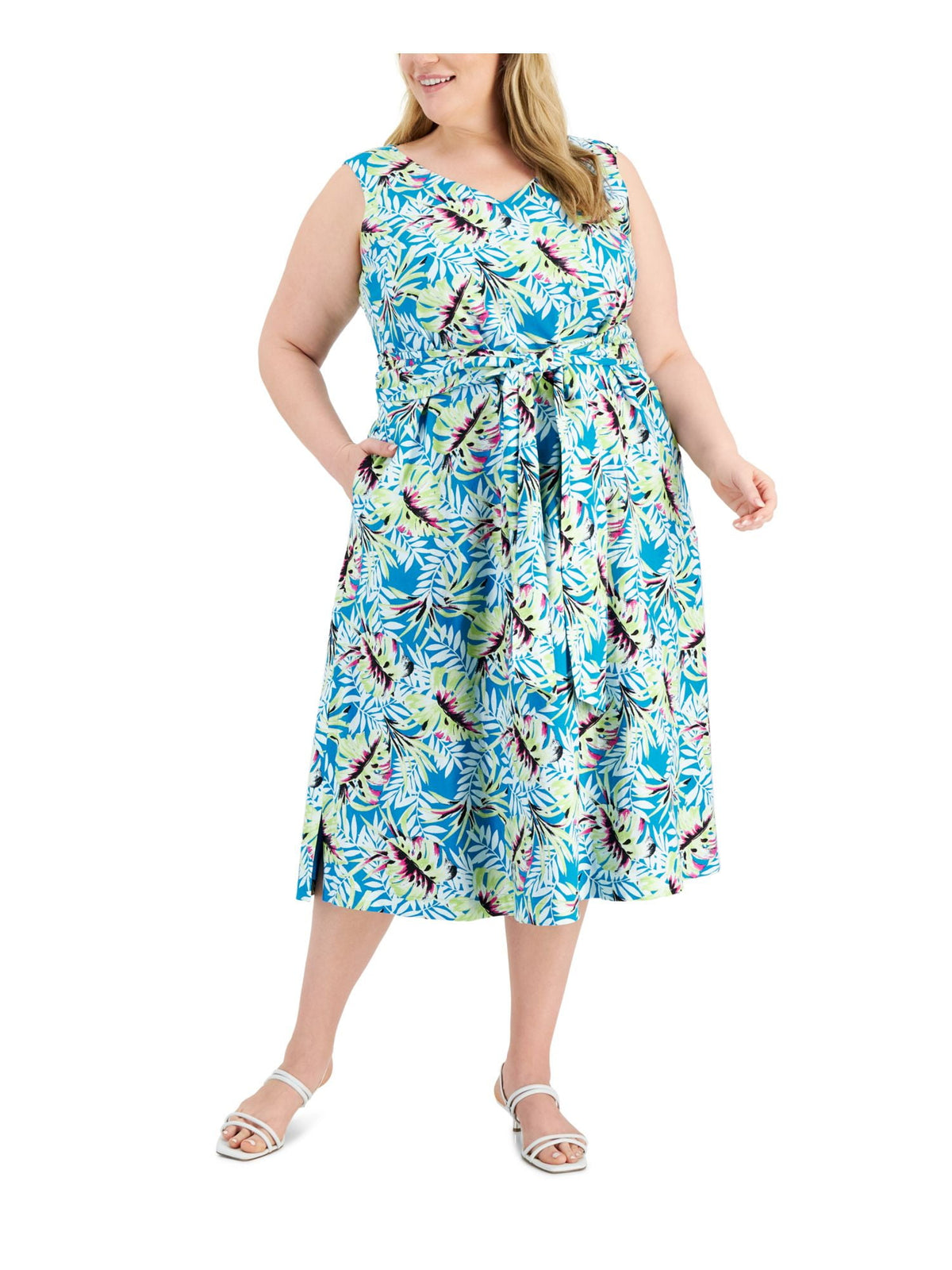 thumbnail image 1 of ANNE KLEIN Womens Teal Tie Lined Hook And Eye Closure Printed Sleeveless V Neck Midi Fit + Flare Dress Plus 0X, 1 of 4