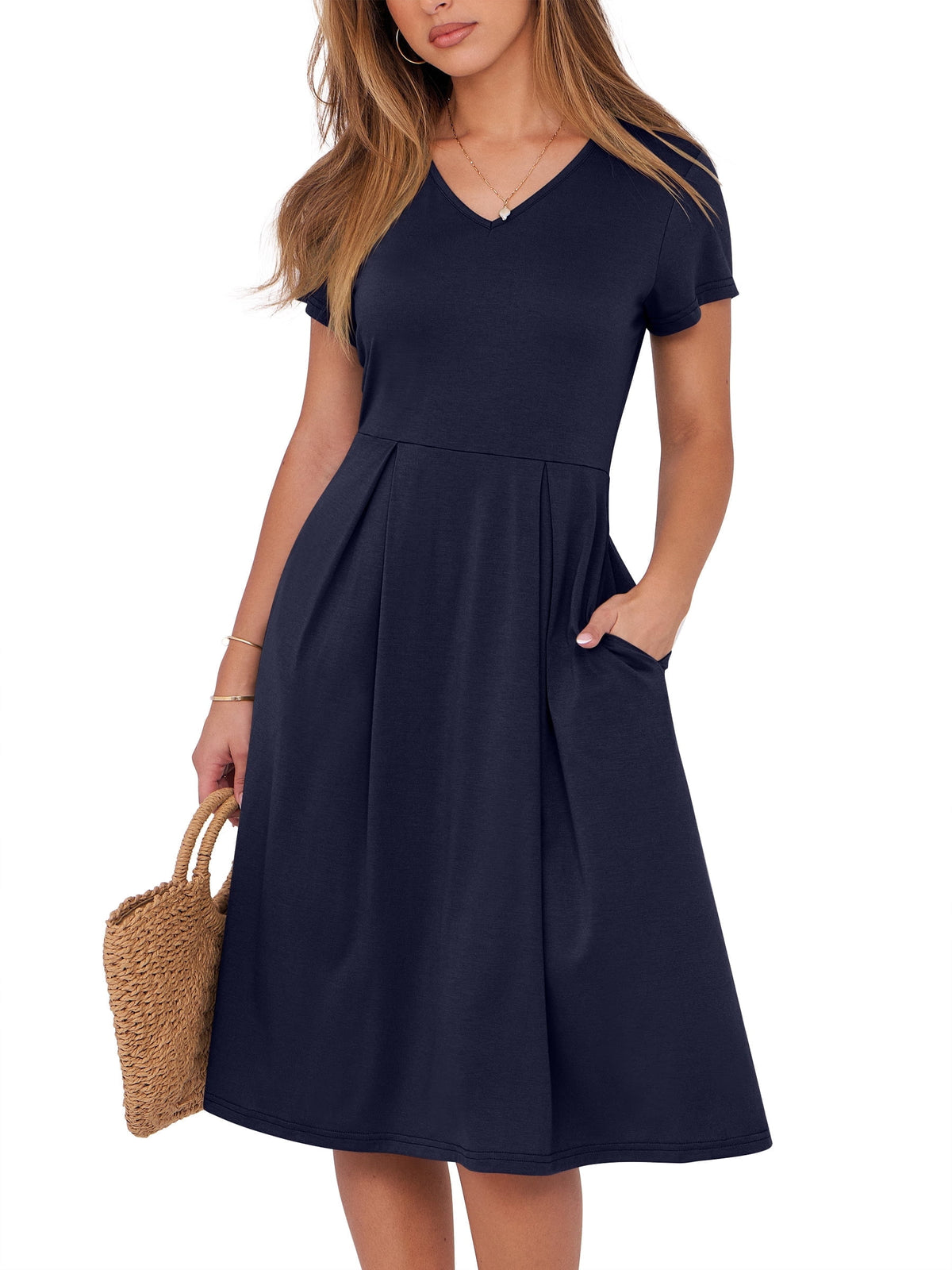 thumbnail image 1 of ANRABESS Women Summer Dress Casual Short Sleeve V Neck A-Line Knee Length Pleated Flowy 2026 Fashion Midi Dresses with Pocket Navy Blue Large, 1 of 8